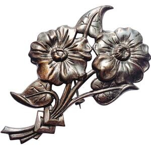 Vintage 1930s Brooch Sculptural Floral Signed U Silver Tone Pin